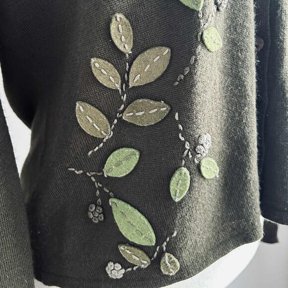 Kasper Deep Olive Wool-Blend Cardigan with Felt Leaf Appliqué – US XL - Picture 5 of 10